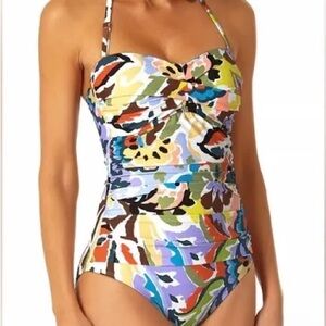 NWT Anne Cole Womens Solid Twist Front Shirred Bandeau Tankini Swim Top, Paisley